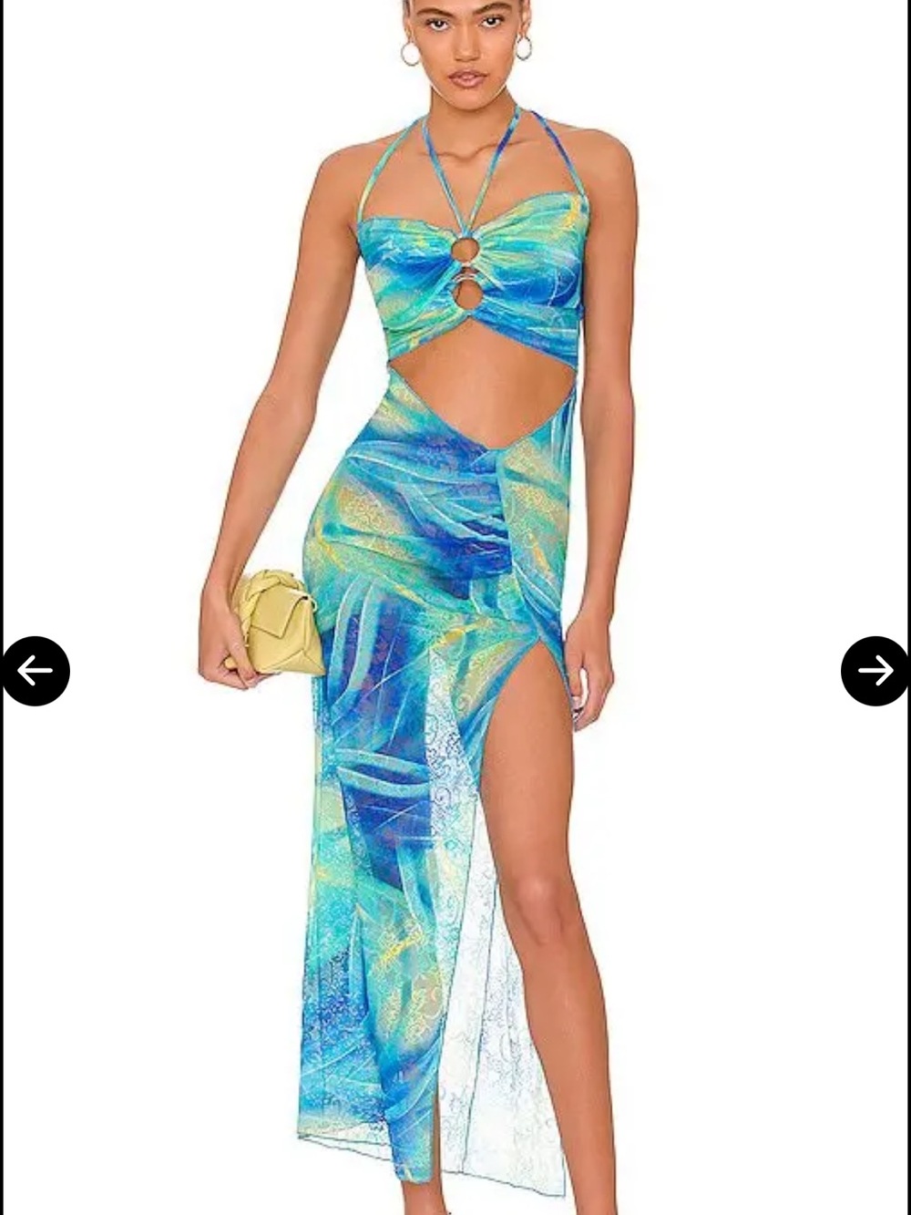 Kim Shui Teal, Aqua & Yellow Cutout Halter High-Slit Maxi Dress